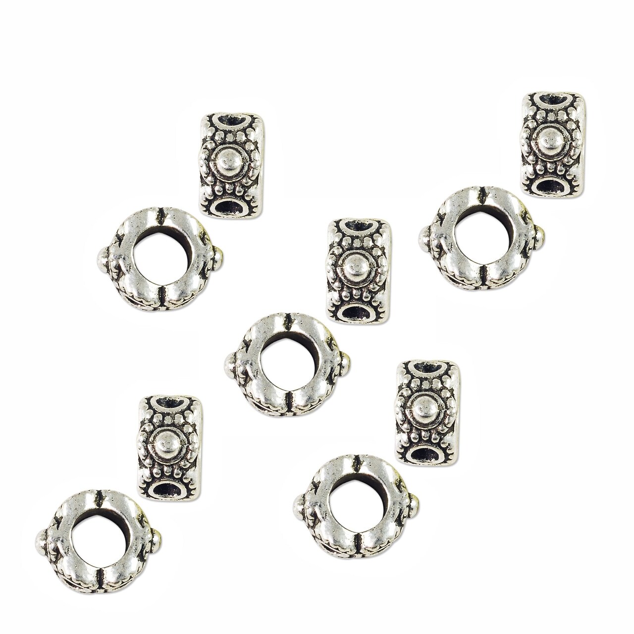 Large Hole Metal Bead with Dots 9x5mm Pewter Antique Silver Plated (Package of 10 Beads)